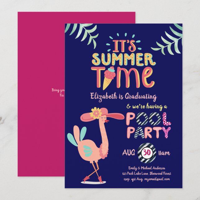 Tropical Flamingo POOL PARTY Pink Blue Girls Invitation (Front/Back)