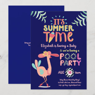 Tropical Flamingo POOL Party Pink Blue Quirky Fun Invitation