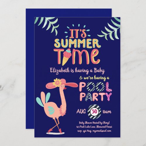 Tropical Flamingo POOL Party Pink Blue Quirky Fun Invitation