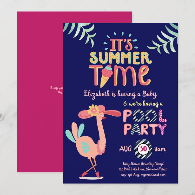 Tropical Flamingo POOL Party Pink Blue Quirky Fun Invitation (Front/Back)
