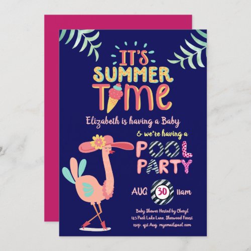Tropical Flamingo POOL Party Pink Blue Quirky Fun Invitation