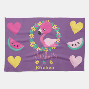 Tropical Flamingo purple pink and yellow hearts Kitchen Towel