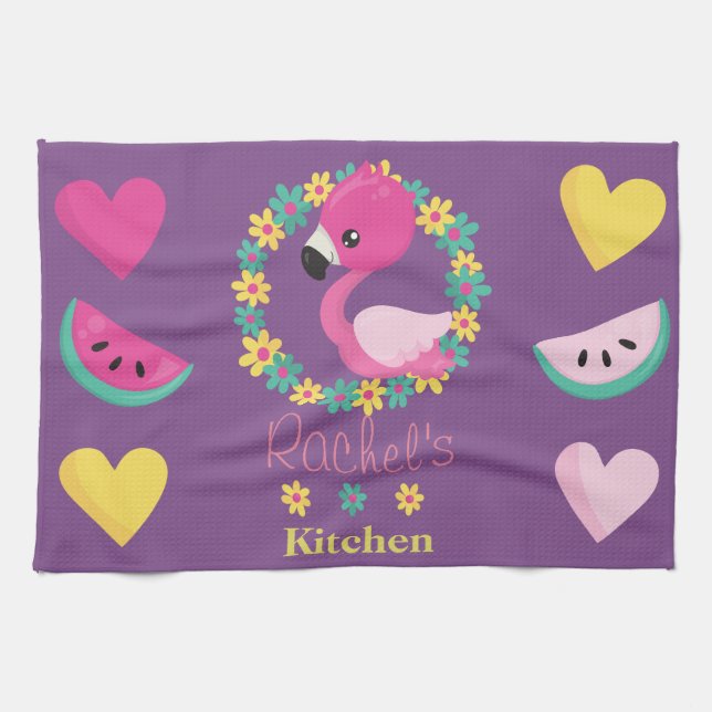 Tropical Flamingo purple pink and yellow hearts Kitchen Towel (Horizontal)