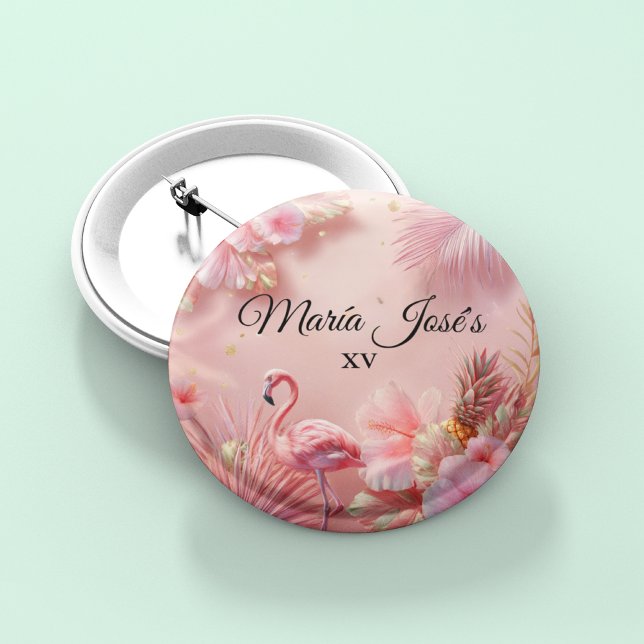 Tropical Flamingo Quinceañera, custom Button (Creator Uploaded)