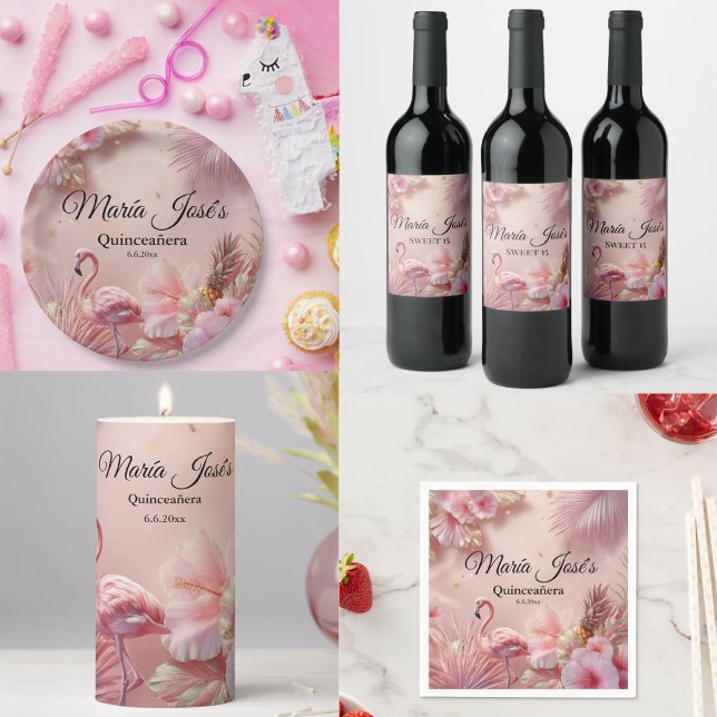 Tropical Flamingo Quinceañera, custom Pillar Candle (Creator Uploaded)