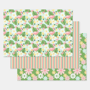 Tropical Flamingo Retro Daisy Flower Stripes Wrapp Wrapping Paper Sheets