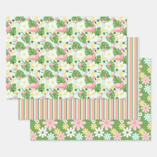 Tropical Flamingo Retro Daisy Flower Stripes Wrapp Wrapping Paper Sheets