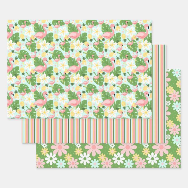 Tropical Flamingo Retro Daisy Flower Stripes Wrapp Wrapping Paper Sheets (Set)