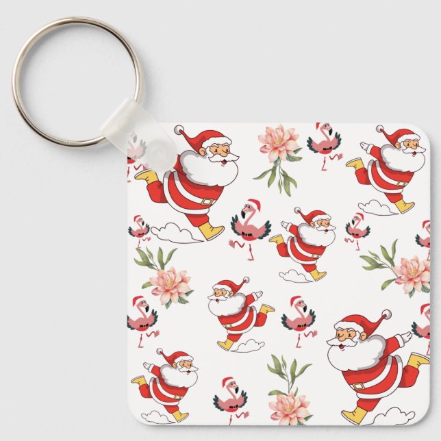 Tropical Flamingo Santa Christmas Pattern Keychain (Front)