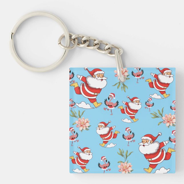 Tropical Flamingo Santa Christmas Pattern Keychain (Front)