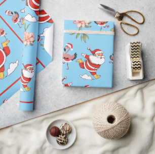 Tropical Flamingo Santa Christmas Pattern Wrapping Paper