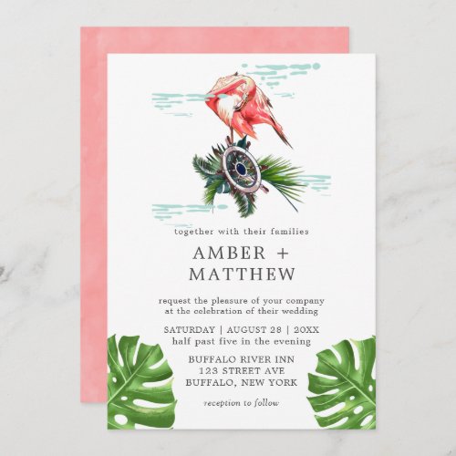 Tropical Flamingo Ship Wheel Wedding Invitation 
