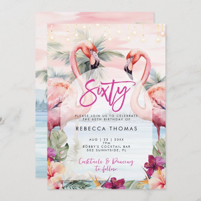 Tropical flamingo sixty birthday party invitation (Front/Back)
