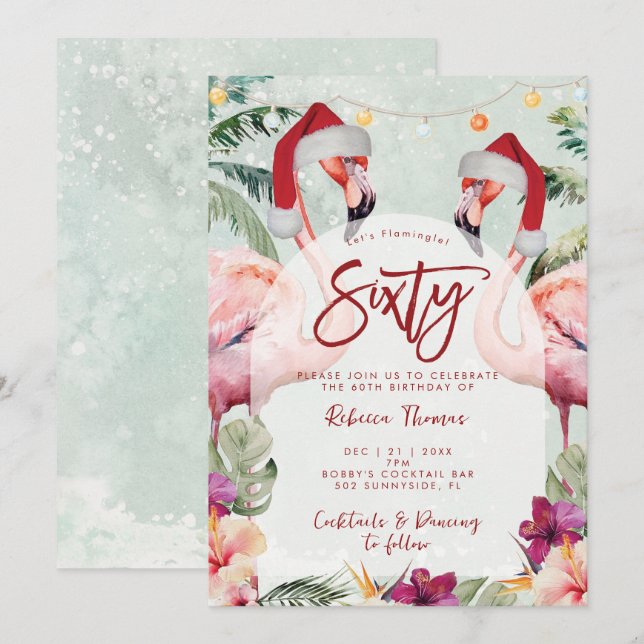 Tropical flamingo sixty birthday party invitation (Front/Back)