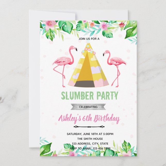 Tropical flamingo sleepover invitation (Front)