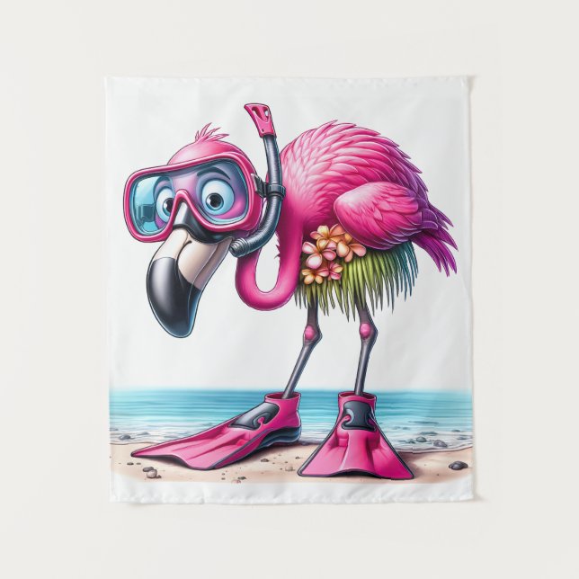 Tropical Flamingo Snorkeling Design Tapestry (Front)