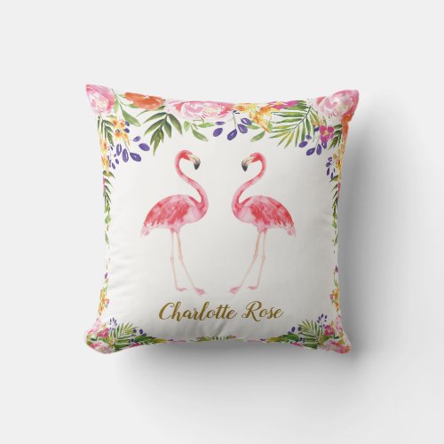 Tropical Flamingo Summer Floral Leaves Throw Pillow