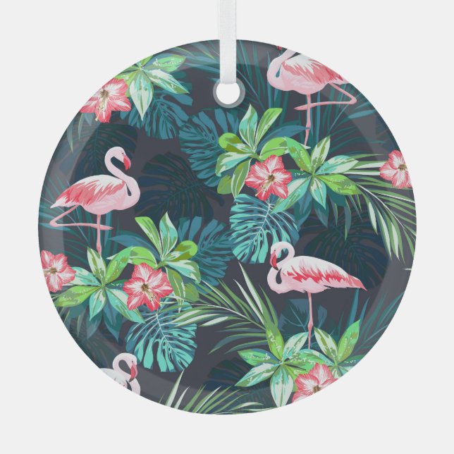 Tropical Flamingo: Summer Flowers Pattern Glass Ornament (Front)