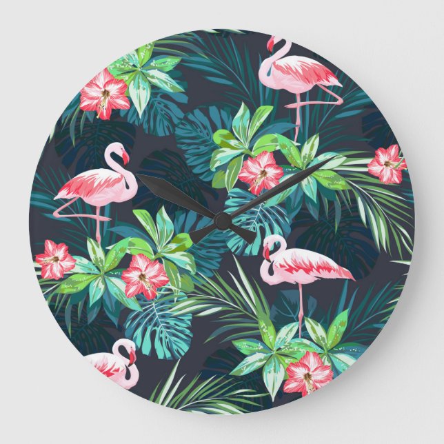Tropical Flamingo: Summer Flowers Pattern Large Clock (Front)
