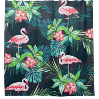 Tropical Flamingo: Summer Flowers Pattern Shower Curtain