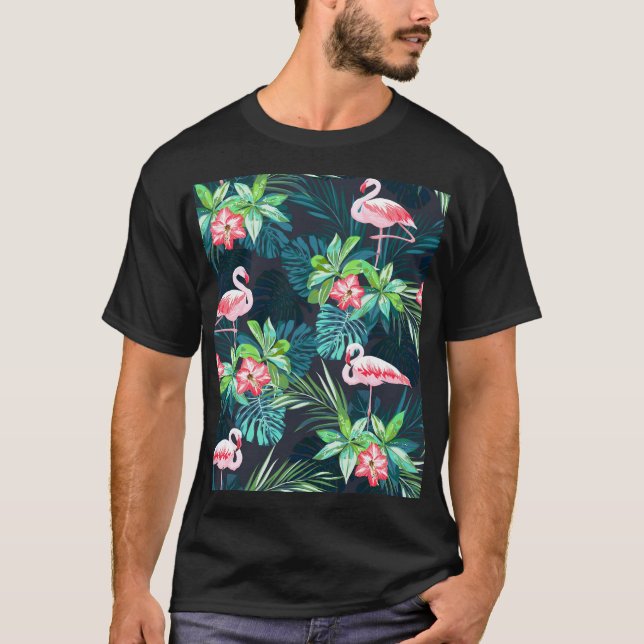 Tropical Flamingo: Summer Flowers Pattern T-Shirt (Front)