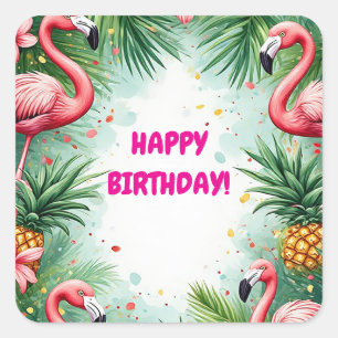 🍍 Tropical Flamingo Summer Frame With Lush Leaves Square Sticker