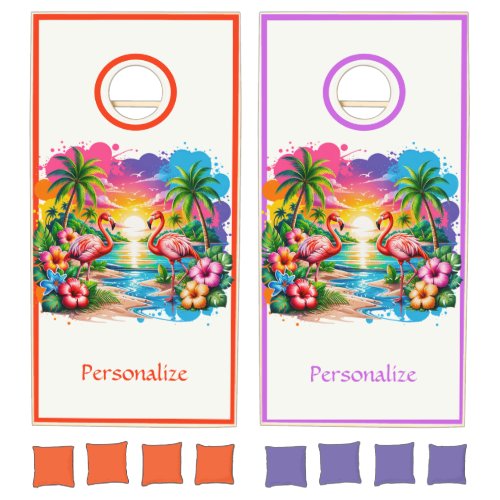 Tropical Flamingo Sunset Island Beach Paradise Cornhole Set