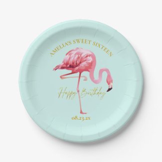 Tropical Flamingo Sweet 16 Happy Birthday ID922 Paper Plates