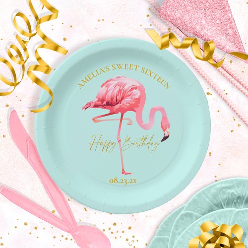 Tropical Flamingo Sweet 16 Happy Birthday ID922 Paper Plates