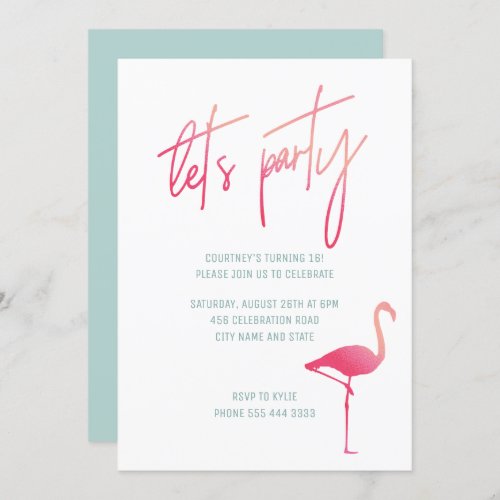 Tropical flamingo sweet sixteen pink  mint invite