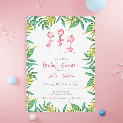 Tropical Flamingo Triplets Baby Shower Invitation