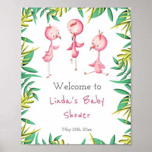 Tropical Flamingo Triplets Baby Shower Welcome Poster