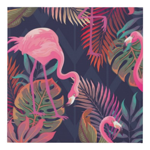 Tropical flamingo vintage palm pattern faux canvas print