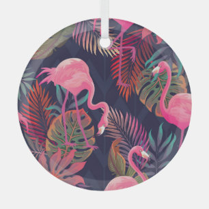 Tropical flamingo: vintage palm pattern. glass ornament