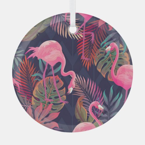 Tropical flamingo vintage palm pattern glass ornament