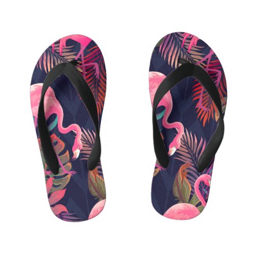 Tropical flamingo vintage palm pattern kids flip flops