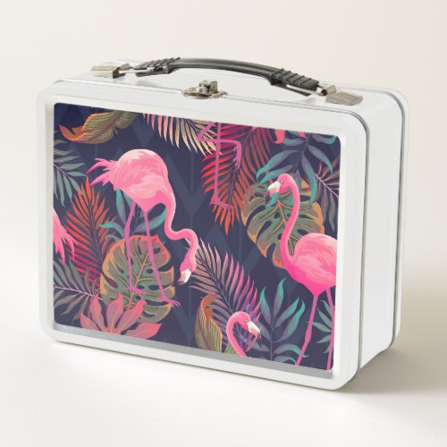Tropical flamingo vintage palm pattern metal lunch box