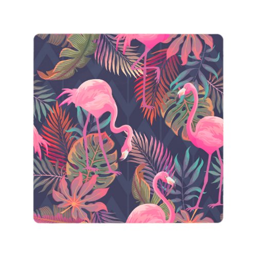 Tropical flamingo vintage palm pattern metal print