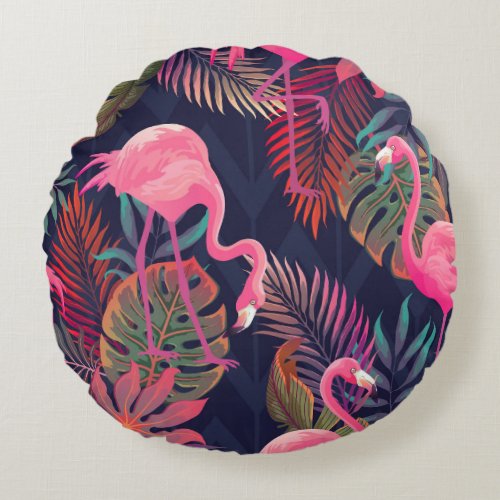 Tropical flamingo vintage palm pattern round pillow