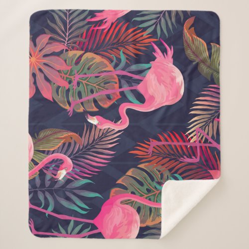 Tropical flamingo vintage palm pattern sherpa blanket