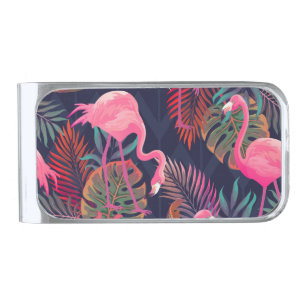 Tropical flamingo: vintage palm pattern. silver finish money clip