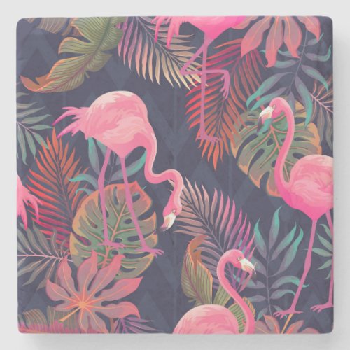 Tropical flamingo vintage palm pattern stone coaster