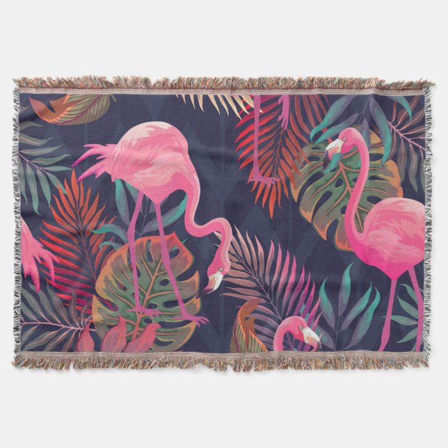 Tropical flamingo: vintage palm pattern. throw blanket (Front)