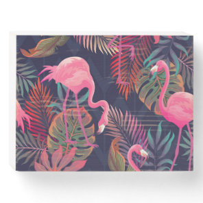 Tropical flamingo: vintage palm pattern. wooden box sign