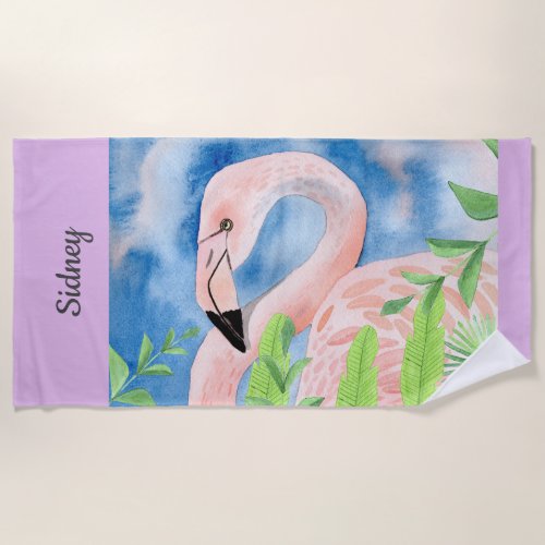 Tropical Flamingo Watercolor customizable name Beach Towel