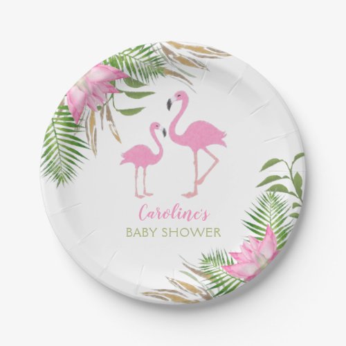 Tropical Flamingo Watercolor Floral Baby Shower Paper Plates