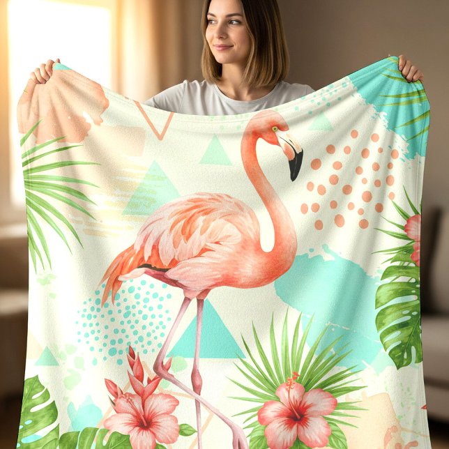 Tropical Flamingo Watercolor & Geometric Pattern Fleece Blanket (Creator Uploaded)