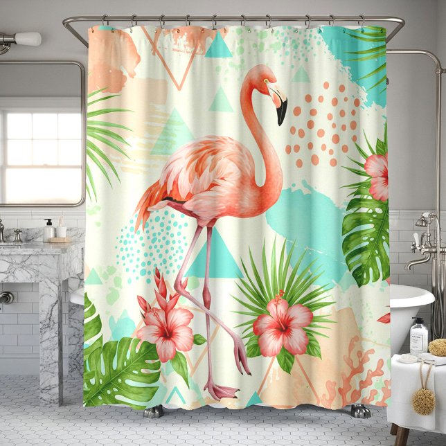 Tropical Flamingo Watercolor & Geometric Pattern Shower Curtain (Creator Uploaded)