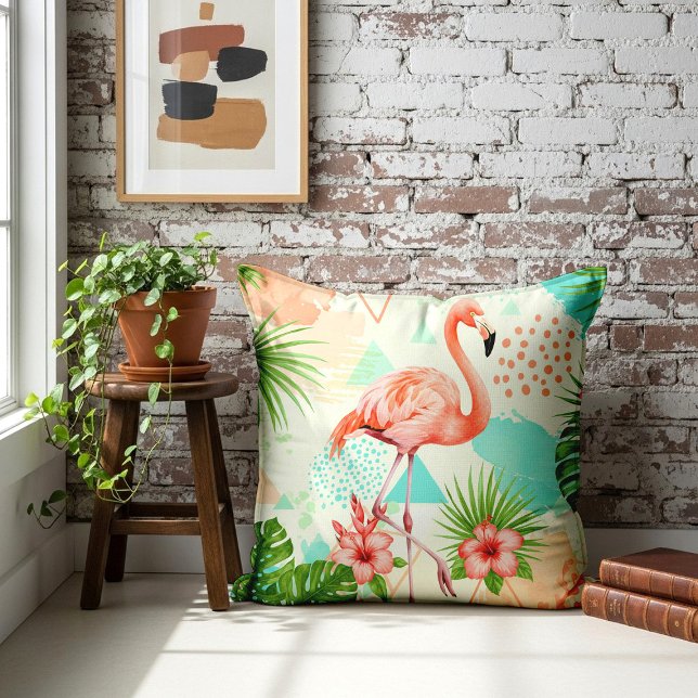 Tropical Flamingo Watercolor & Geometric Pattern Throw Pillow (Creator Uploaded)
