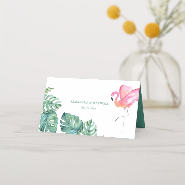 Tropical Flamingo & Watercolor Greenery Wedding Place Card (Back)